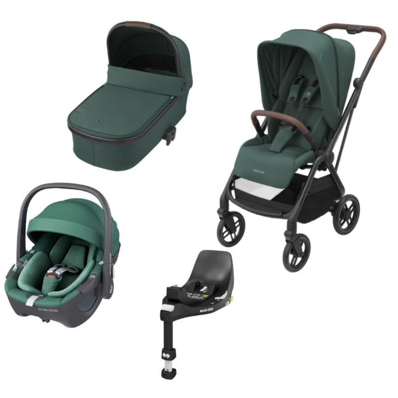 Carrinho Leona², cadeira Pebble 360º, FamiliFix 360º e alcofa Oria Essential Green da Maxi Cosi